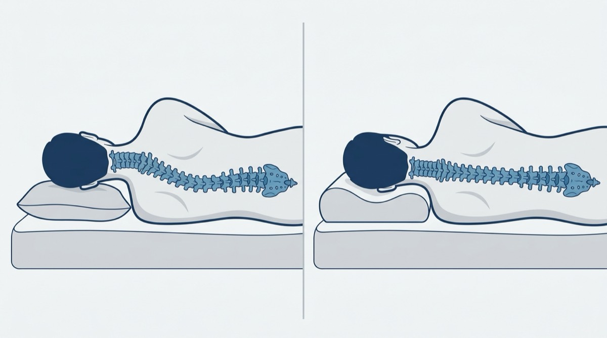 Comparison showing neutral cervical alignment on contoured pillow versus bent spine on soft pillow