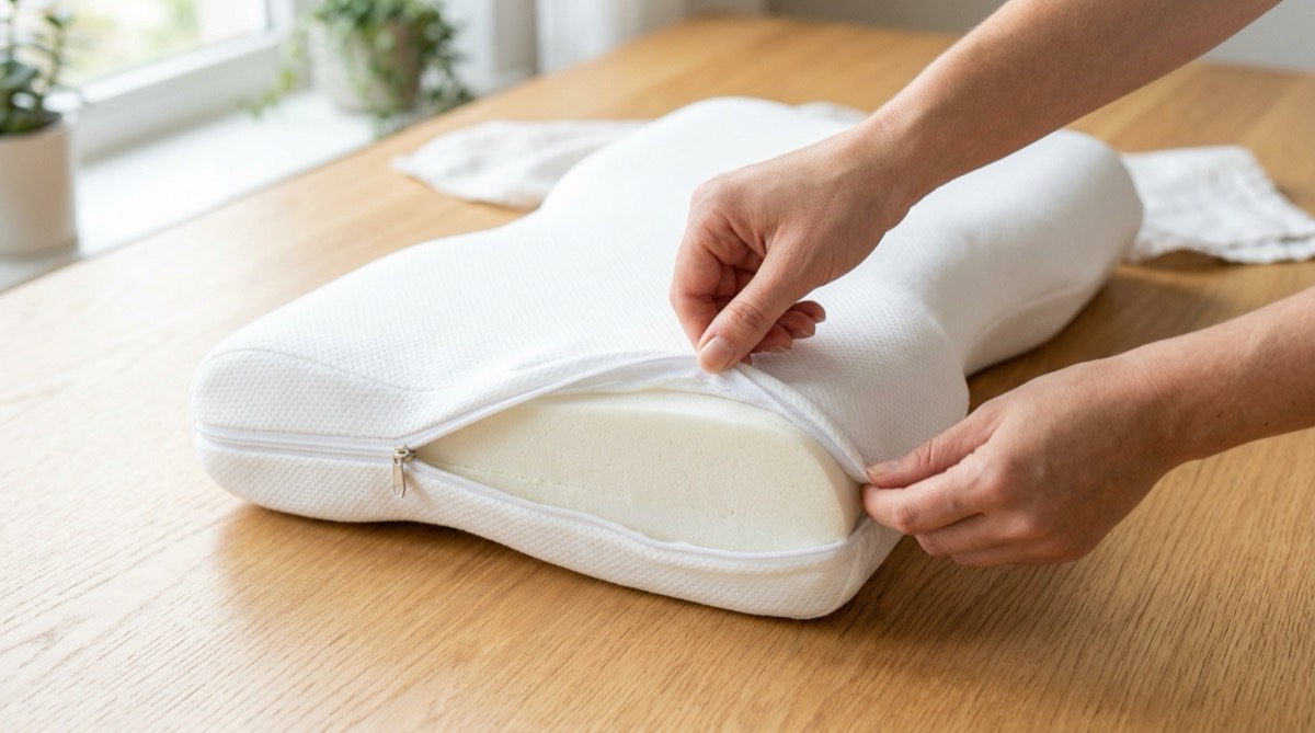 Unzipping the outer cover of the Derila Ergo pillow for washing