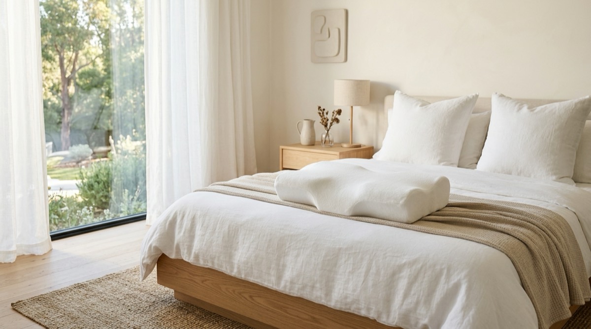 Ergonomic butterfly memory foam pillow on modern bed showing cervical contour