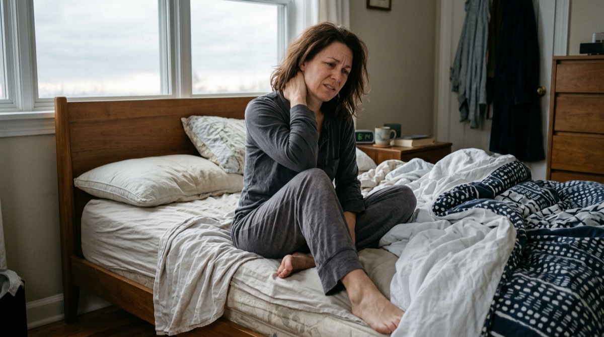 Woman sitting on the edge of her bed holding her stiff neck in the morning