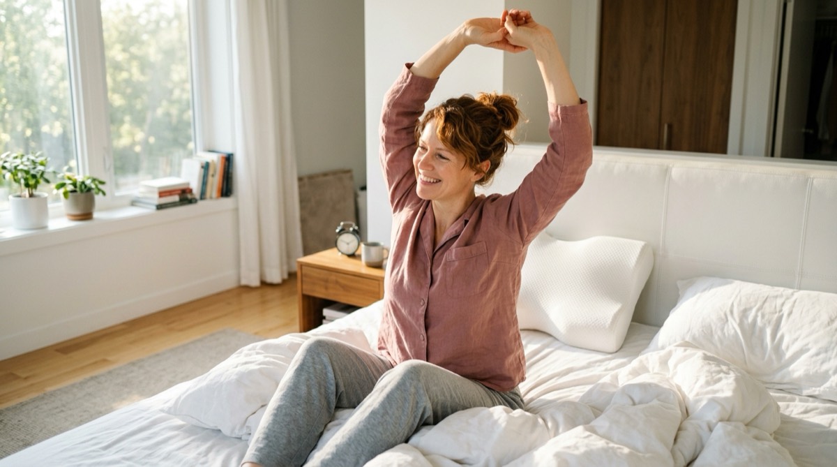 Smiling woman stretching in bed in bright morning sunlight
