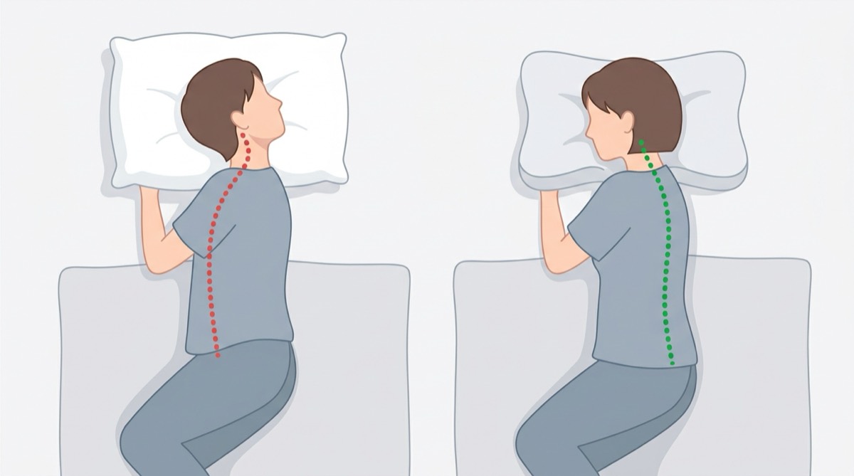 Illustration comparing a side sleeper on a tall fluffy pillow with a bent neck and on a contoured pillow with a straight spine