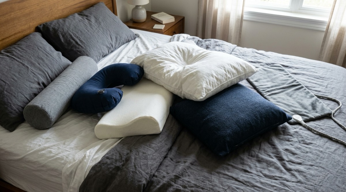Bed covered in different pillows people try for neck pain: a neck roll, an inflatable pillow, a foam block and a heating pad