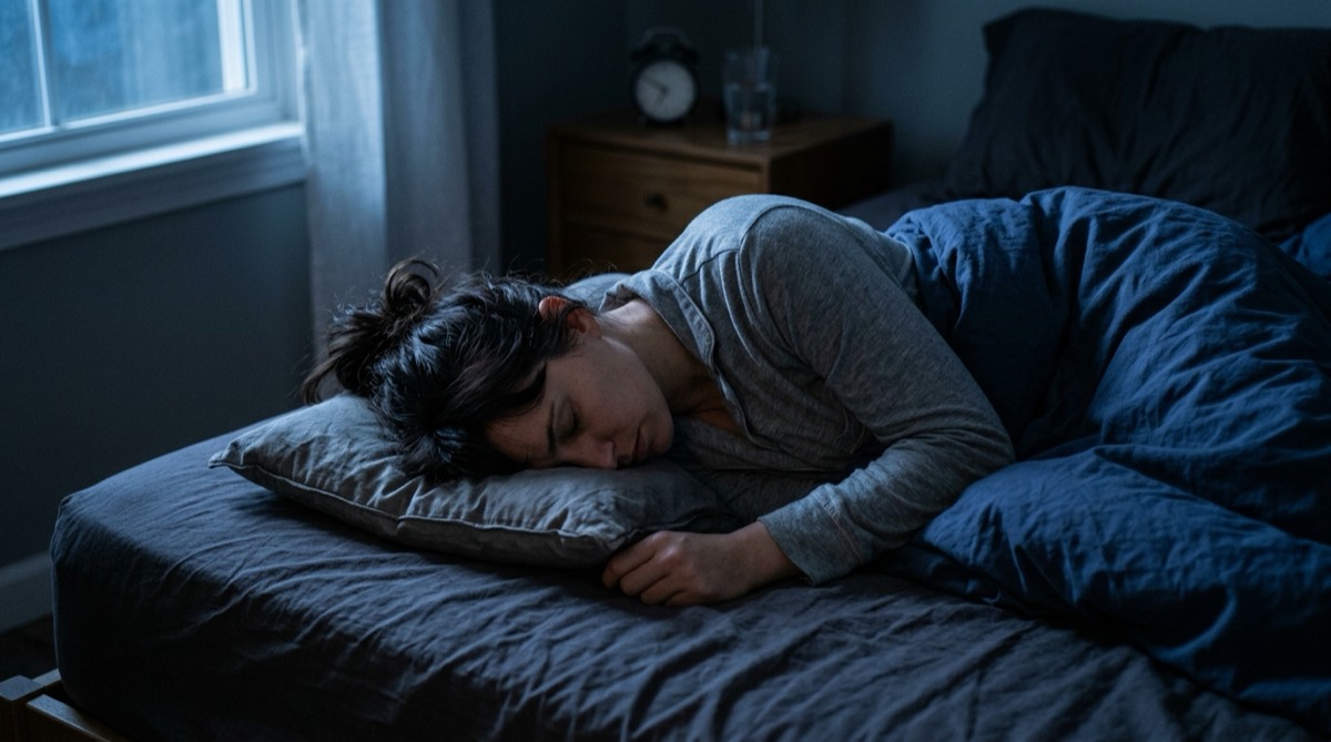 Kvinde der sover på siden på en tynd, flad pude med nakken bøjet nedad