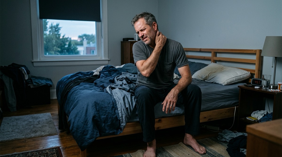 Mand der sidder på sengekanten om morgenen og gnider sin stive nakke
