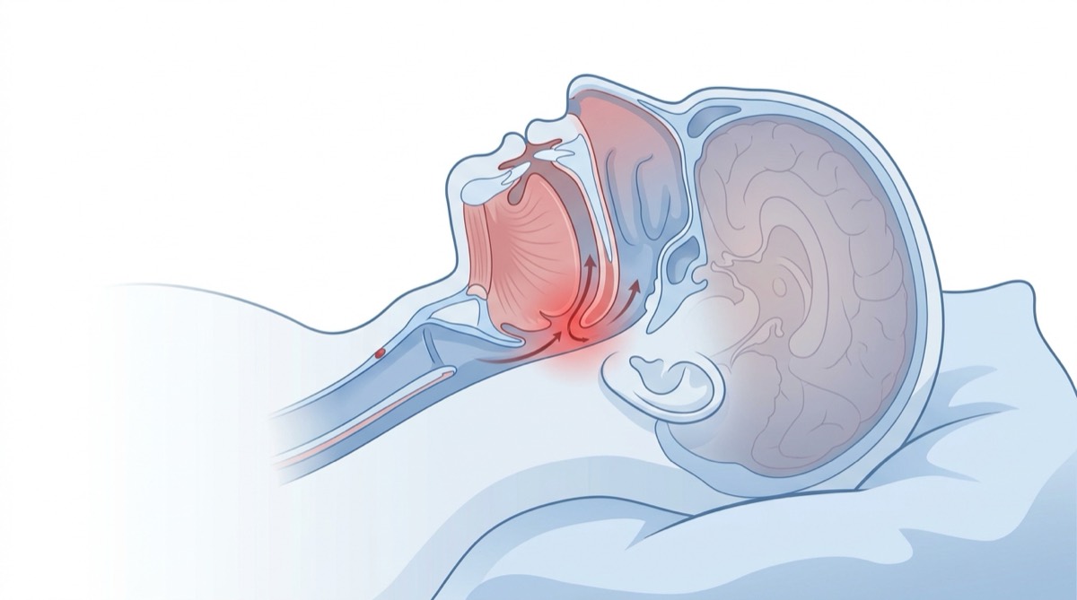 Illustration of a sleeping person's airway narrowing as the tongue falls backward