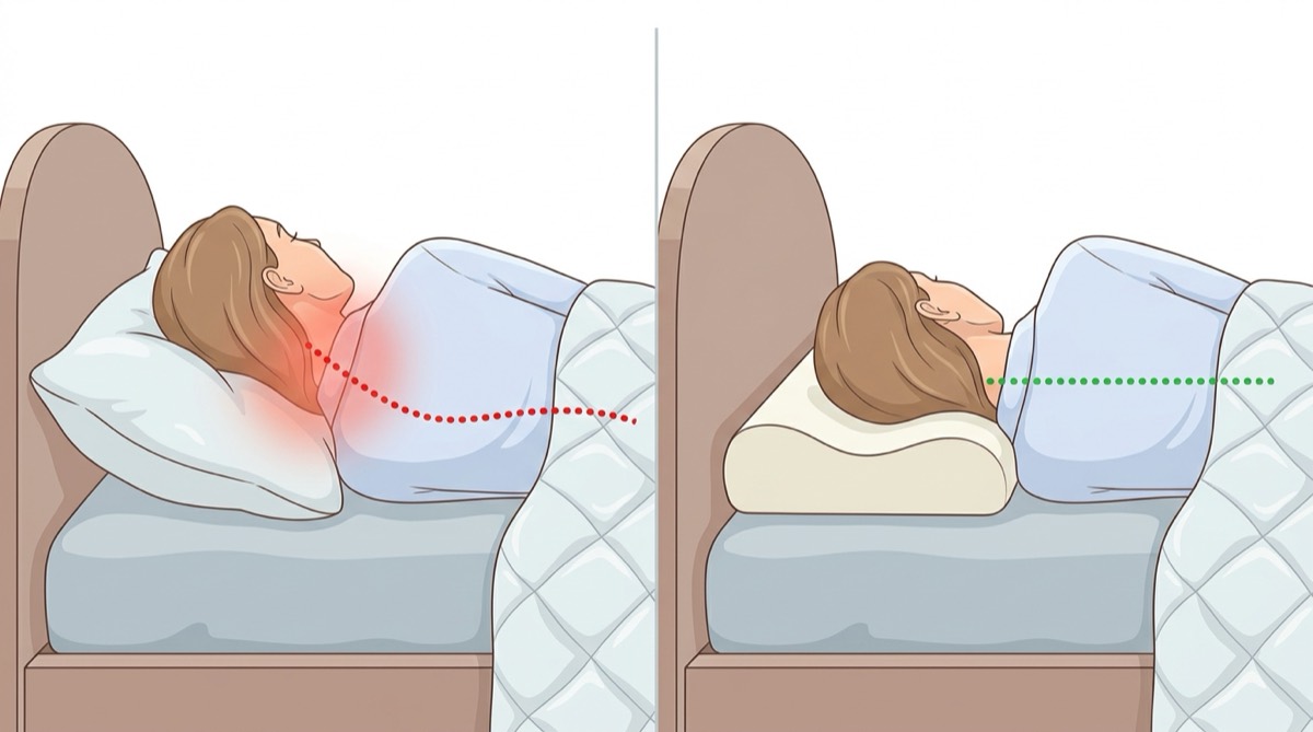 Comparison of a sleeper on a fluffy pillow with a bent neck versus a contoured pillow with a level spine