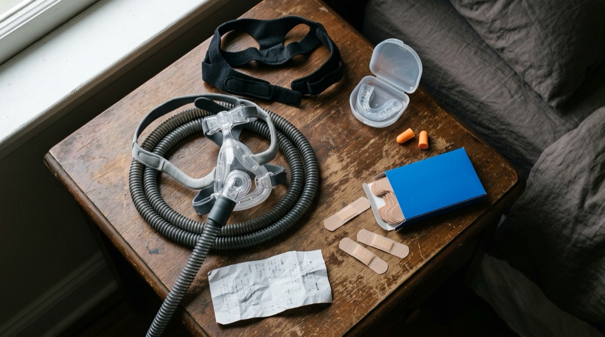Nightstand covered in snoring aids: CPAP mask, chin strap, mouthguard, earplugs and nasal strips