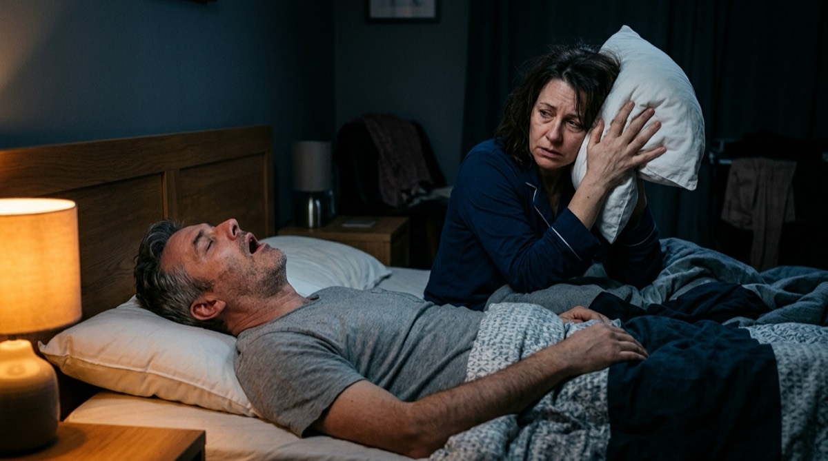 Woman awake at night covering her ear while her partner snores on his back