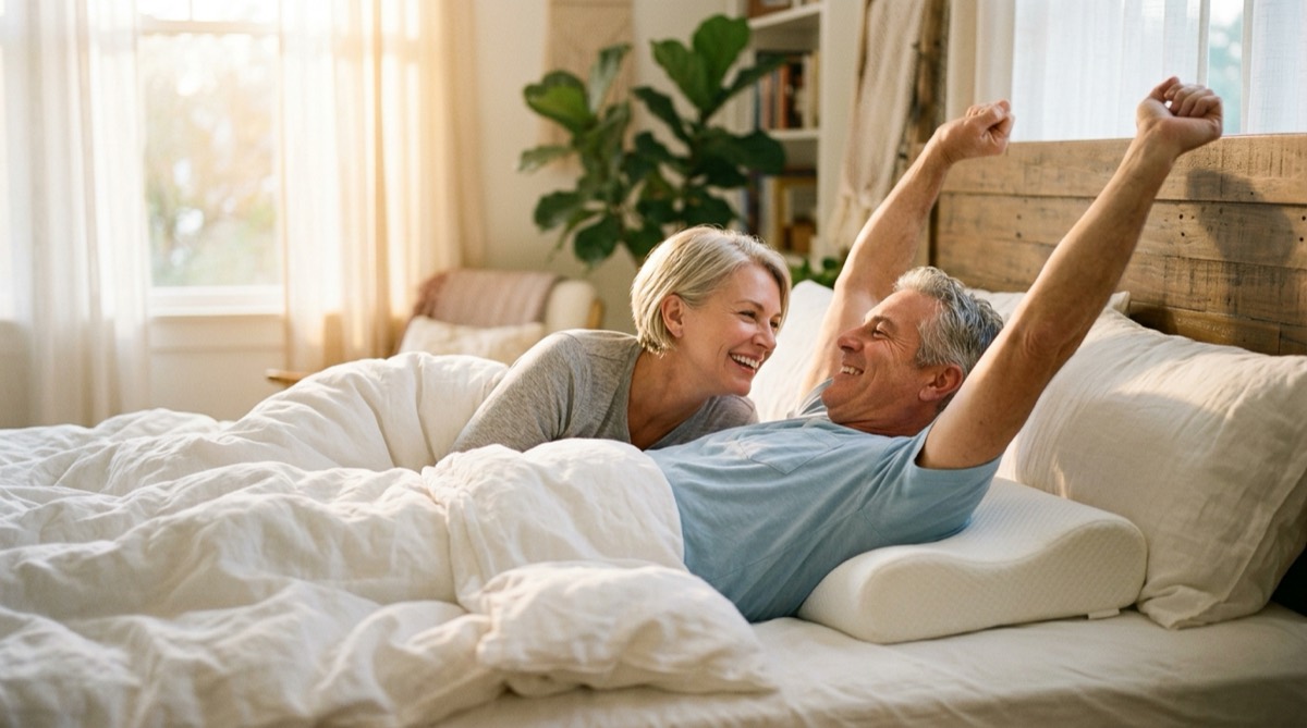 Rested couple smiling in bed in the morning sunlight