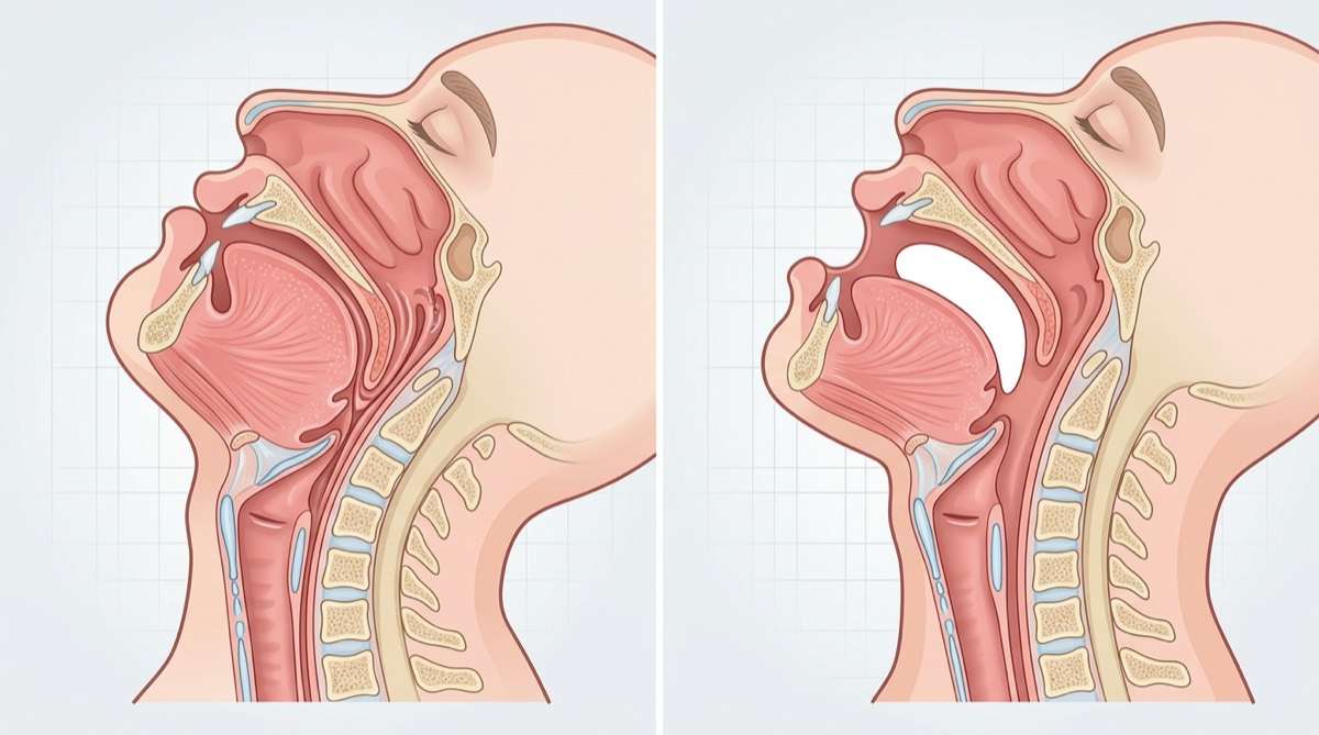 Cross-section showing open airway supported by cervical contour pillow