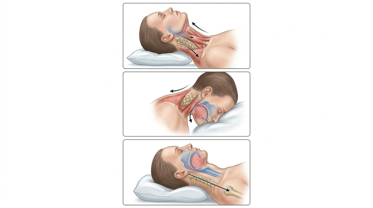 Three panel diagram comparing tilted, tucked, and neutral chin posture during sleep