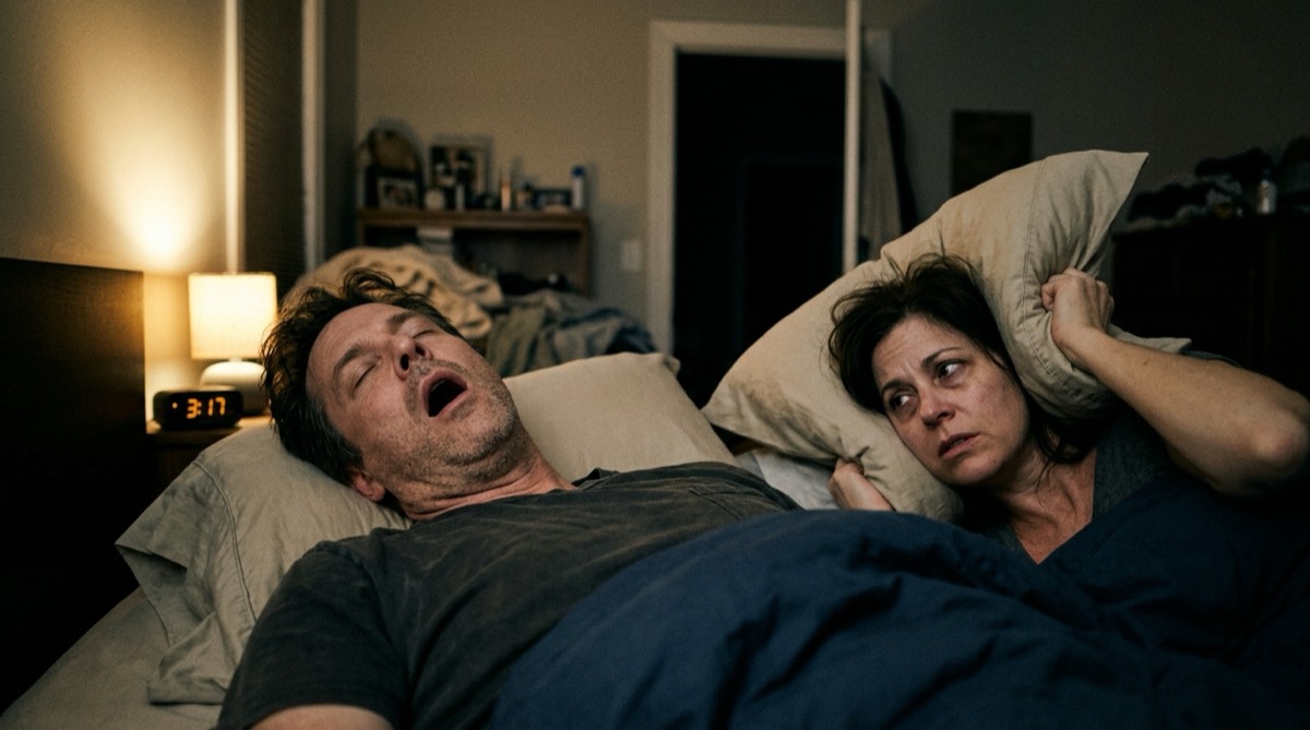 Person snoring loudly while sleeping on back on a flat pillow