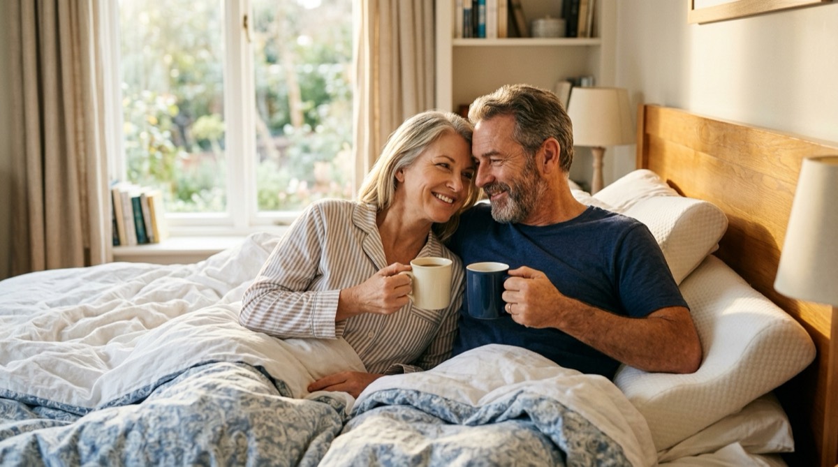 Rested happy couple having breakfast in bed after quiet restful night